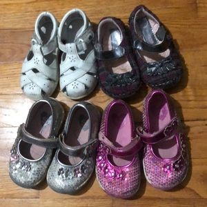 4 pair size 5 sandals: white strap, plaid, silver and pink flower sparkle